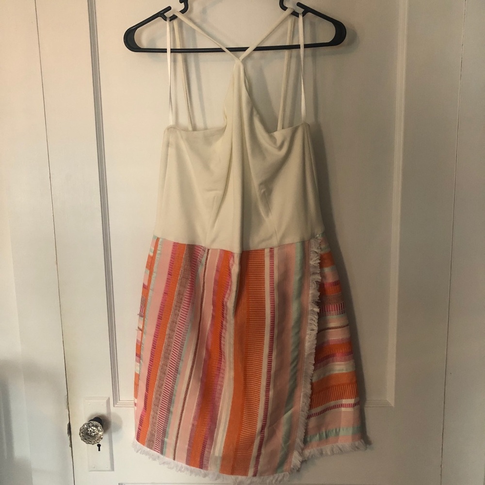 Anthropologie Cream Strappy Dress with Orange, Pink & Coral Striped Skirt